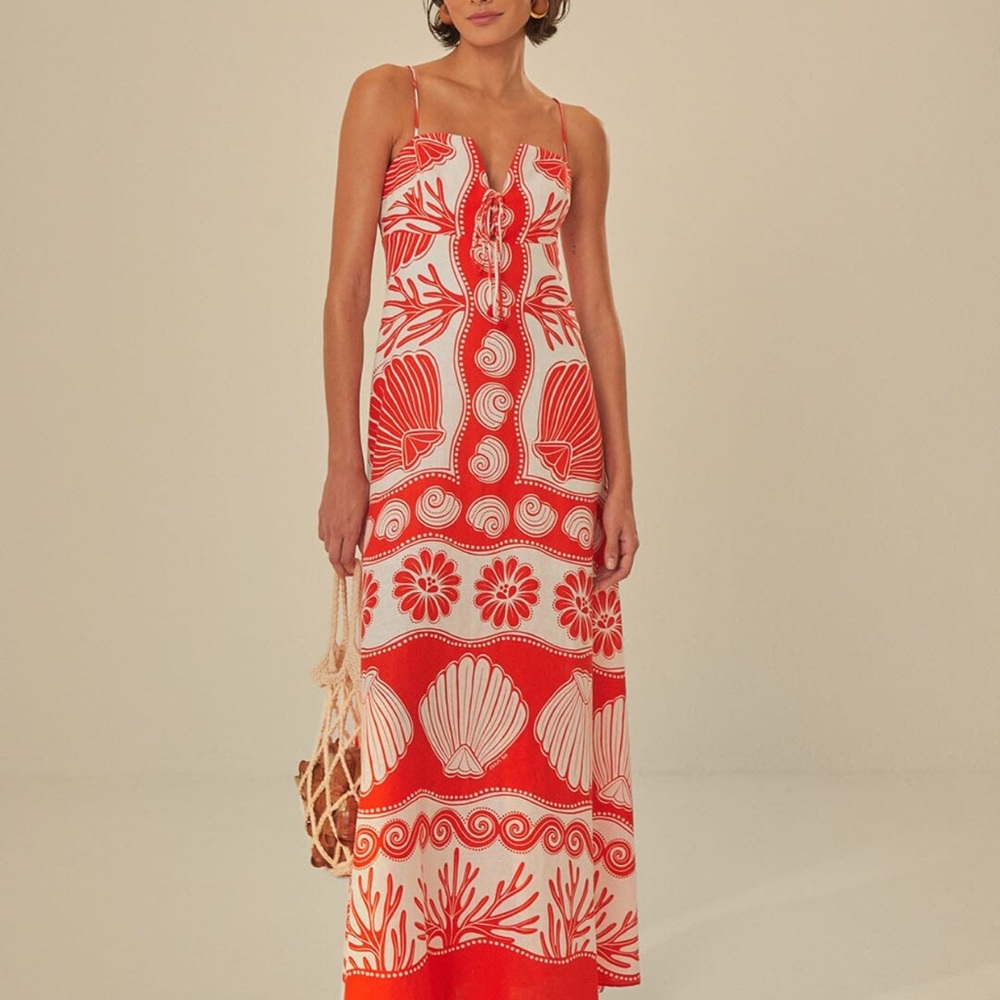 Red and White Maxi Dress with Shell Print